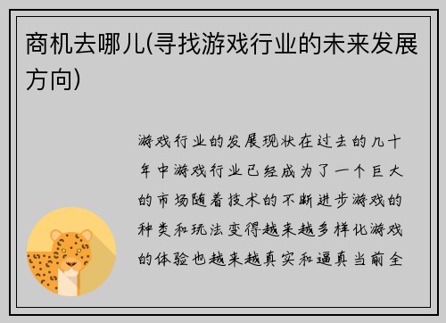 商机去哪儿(寻找游戏行业的未来发展方向)